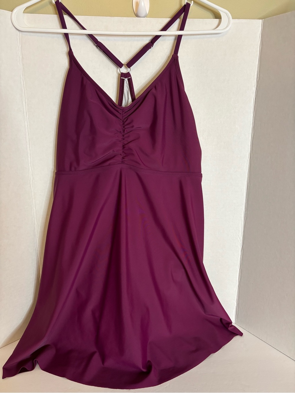 Size XL Ruched Front Spaghetti Strap Swim Dress - Plum